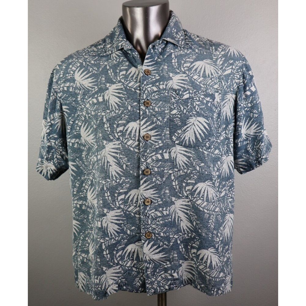 Mens Tommy Bahama Blue White Floral Size M Silk Button Front Loop Collar